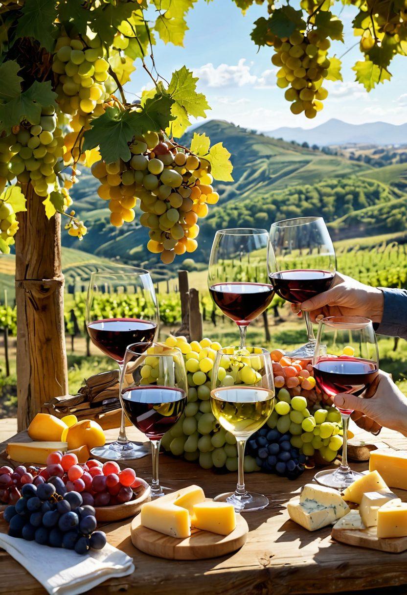 A scene depicting a sunny vineyard with rows of grapevines heavy with ripe grapes, a joyful group of diverse wine tasters clinking glasses, and a rustic wooden table adorned with an assortment of cheese and fruits. The background features rolling hills and a shimmering glass of wine reflecting sunlight. The atmosphere is vibrant and inviting, perfect for capturing the essence of wine tasting experiences. super-realistic. vibrant colors.
