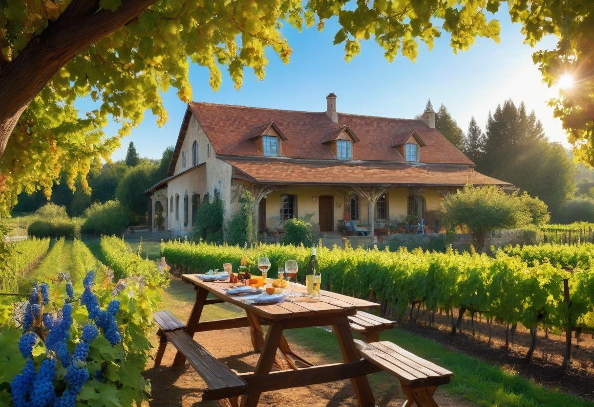 A rustic vineyard under a bright blue sky, with rows of lush grapevines heavily laden with ripe grapes. In the foreground, a wooden picnic table is set with elegant wine glasses and a variety of joyful wines, surrounded by cheerful flowers. A couple clinks their glasses, smiling with joy, as the sun sets, casting a warm golden glow. A distant view of a charming winery building enhances the local vibe. vibrant colors. painting.