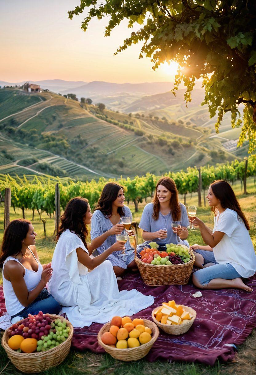 A cozy vineyard scene at sunset, featuring diverse friends toasting with glasses of wine, surrounded by lush grapevines and rolling hills. A picnic setup with a colorful blanket, a basket of cheese and fruits, and twinkling fairy lights above adds to the warmth and joy of community. Soft golden light bathes the scene, creating a sense of celebration and togetherness. super-realistic. vibrant colors.